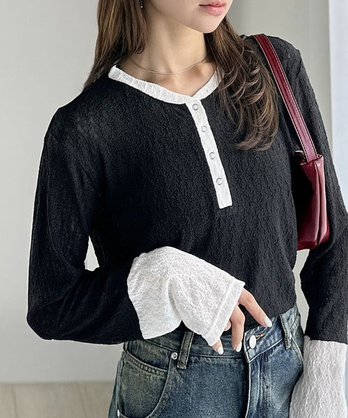 【mily bilet】シンプルさの中にフェミニンさをプラスしたデザイン。袖配色レースヘンリーカットソー（長袖） mi1019107