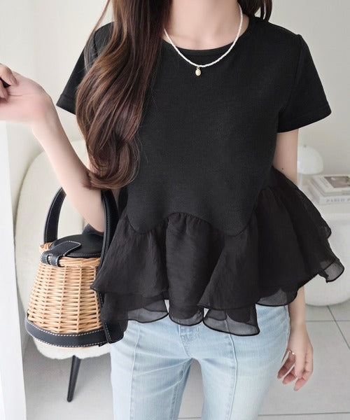 【mily bilet】可憐に揺れて、ときめきを纏う♪前後2wayペプラム切替フリルデザインTシャツ（半袖） mi1019140
