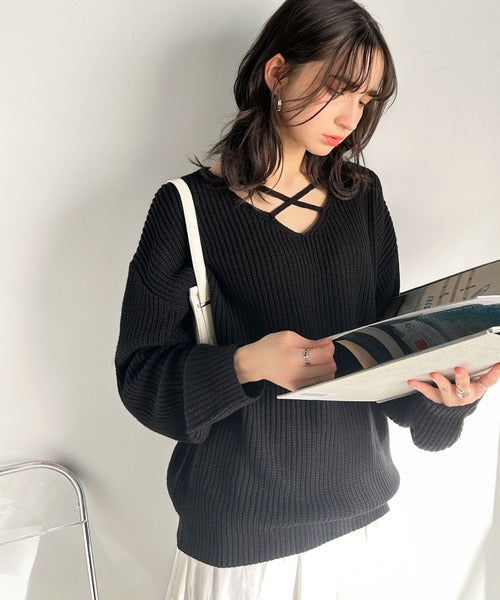 【mily bilet】キュートなふんわりスタイル。2wayプレート使いクロスデザイン畦編みニットプルオーバー（長袖） mi1029103