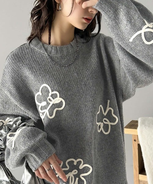 【mily bilet】秋冬のあったかニット。ウールライクフラワーコード刺繍ニットプルオーバーニット mi1149064