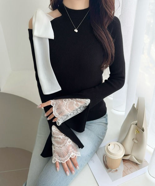 【mily bilet】大人フェミニンの主役トップス。肩シフォンリボン袖レース使いリブニット mi1029170