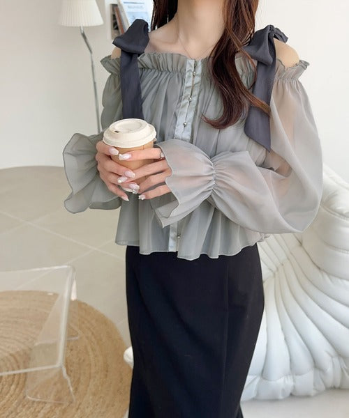 【mily bilet】大人愛され甘め主役級トップス。肩リボンオフショル２WAYオーガンジーブラウス(長袖) mi1359008