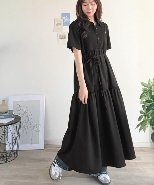 異素材ミックスが目を惹く。胸刺繍ポロ衿布帛切り替えカットティアードワンピース（半袖） ce1020350