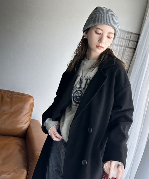 洗練された秋冬スタイルを彩る。フェイクウールベルト付きダブルチェスターコート（ロング丈） ce1010355