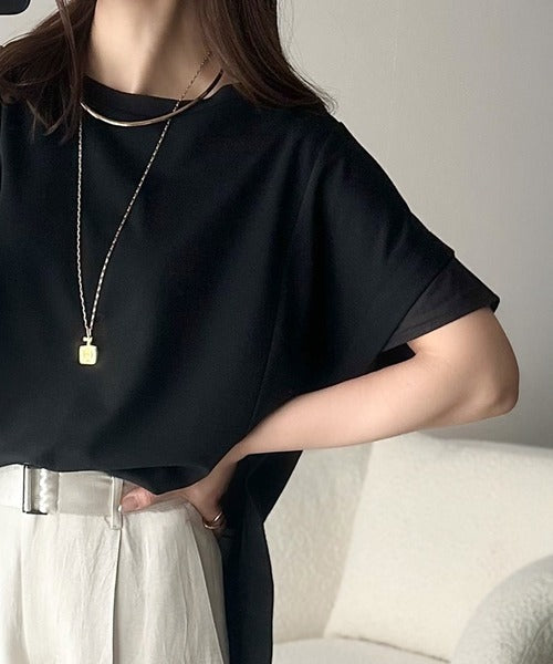 大人の女性を魅力的に引き立てる。袖口シアー切り替え 半袖 Tシャツ ce1110095