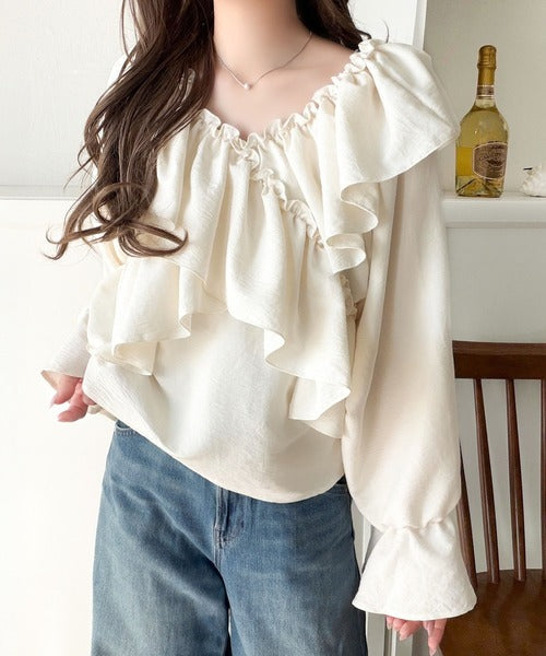 【mily bilet】大人の甘さがちょうどいい♪オフショル2wayキャンディースリーブカシュクールブラウス（長袖） mi1019127