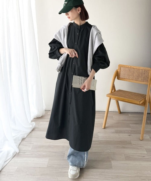着方自在でロングシーズン活躍◎柄アソートバンドカラービッグシャツワンピ ce1010478