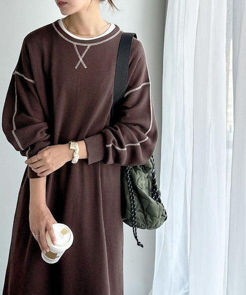 《JaVaジャバコラボ》後姿が可愛い◎配色ステッチワッフルロングワンピース（長袖） jv1260504