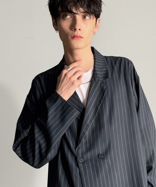 【Classical Origin】「さっと羽織れる。」ストライプ柄ドレープテーラードシャツジャケット／Relaxed Draped Tailored Stripes Shirt Jacket co1150041