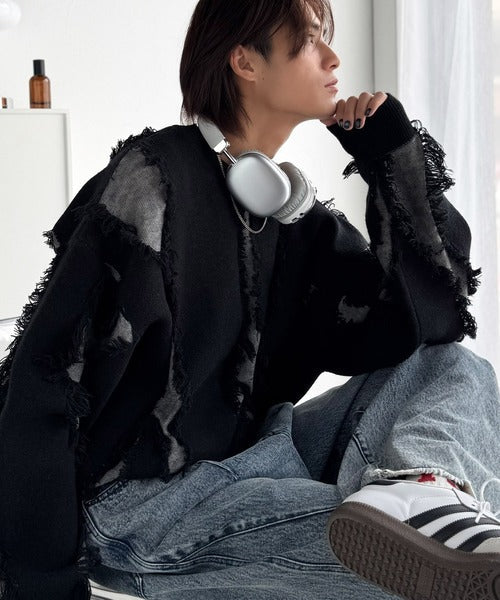【classical origin】「着るだけで、印象派」。フリンジデザイン配色オーバーサイズニット（長袖）/Fringe design oversized long sleeve knit ao1260444