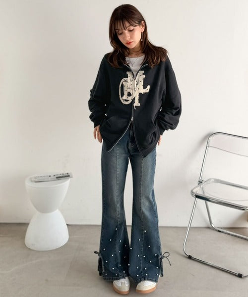 【mily bilet】ラフに羽織って、ストリートに。オーバーサイズ デニムワッペン裏毛パーカー(ドットあり) mi1329120