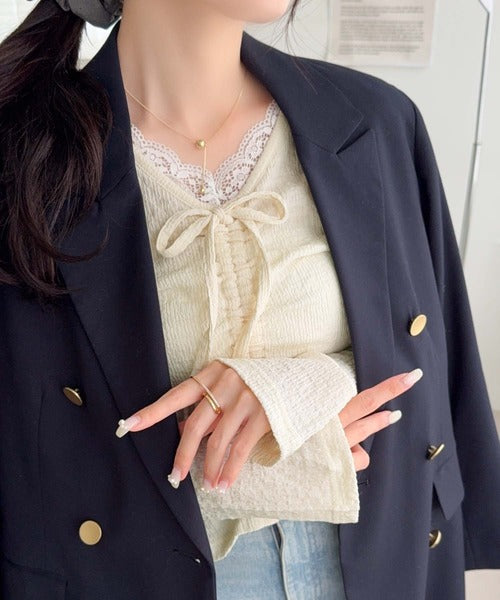 【mily bilet】レース×シャーリングで、甘さをひとさじ。レースドッキングパフスリーブジャガードトップス（長袖） mi1359080