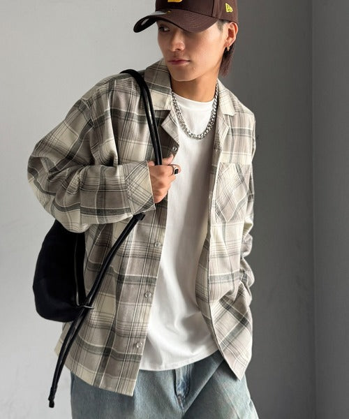 【Classical Origin】自然体のカッコよさ。ヴィンテージ風チェック柄オープンカラーシャツ（長袖）/Vintage-style check pattern open collar shirt co1010024