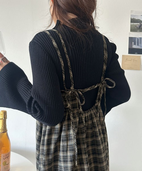微起毛素材で秋冬にぴったり♪チェック柄ダブルストラップバックリボンキャミワンピ（ロング丈） ce1010526