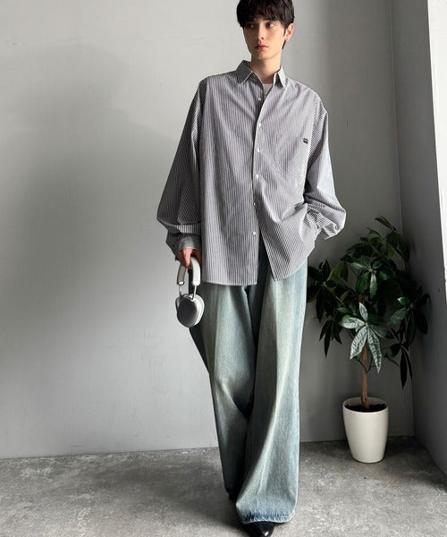 【Classical Origin】ゆとりを着る。ネーム付き胸ポケットビッグシャツ（長袖）/Brand name & chest pocket long sleeved big shirt ao1110147