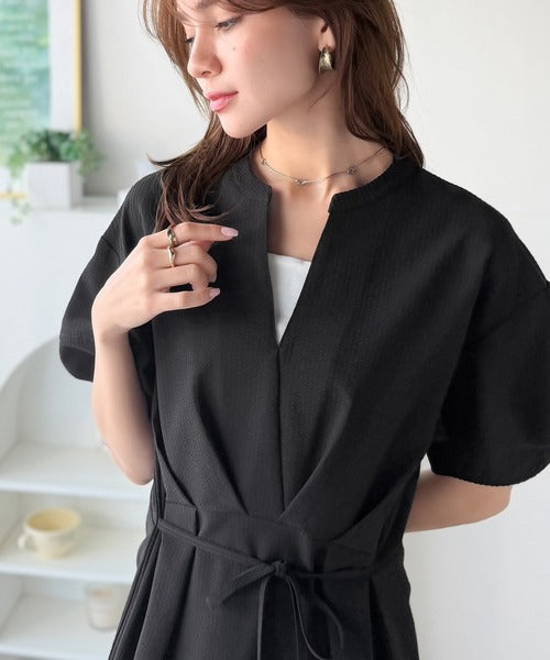 【UVカット・防シワ・吸水速乾機能付き】涼しさも美しさも、さらっと叶える。サッカーランタンスリーブステッチタックワンピース（無地・チェック柄） ce1265039