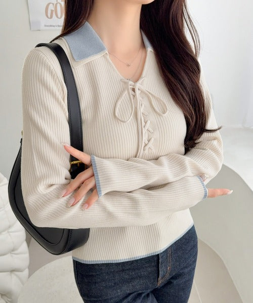 【mily bilet】大人可愛いは、引き算しない。ダブル襟配色レースアップリボンニットトップス（長袖） mi1359090