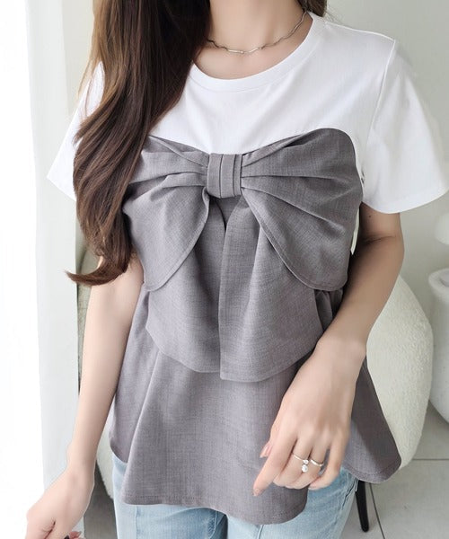 【mily bilet】一枚でサマになる。 フロントリボン布帛コンビ半袖Tシャツ mi1269018