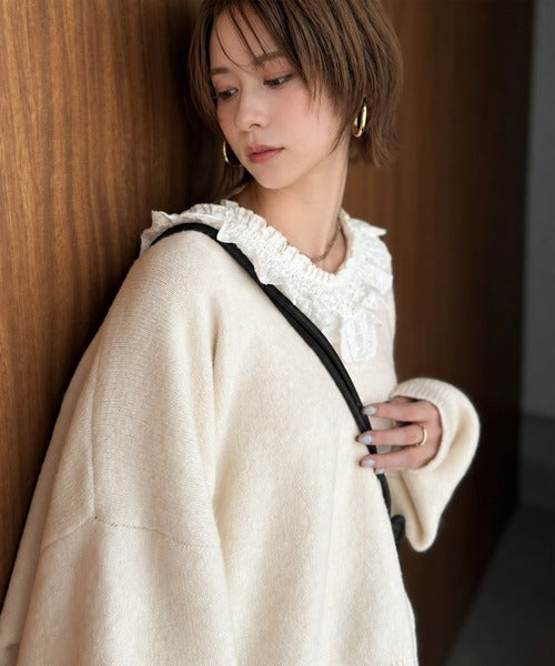 今年の大本命♪カジュアルにも大人っぽくも着こなせる。冬コーデが華やぐ、魅惑のレース襟ドッキングニットプルオーバー（長袖） ce1020368