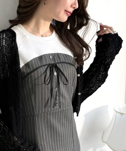 【mily bilet】こなれ感抜群の最旬レイヤード。Tシャツレイヤード風 ストライプドッキング フレアワンピース (ロング丈) mi1019129