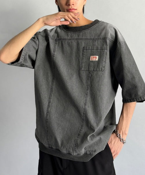 《JaVaジャバコラボ》綿100％ヴィンテージ加工アウターデニムTシャツ jo1010007