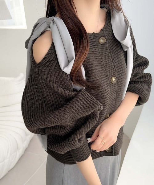 【mily bilet】あざとかわいい♪肩シフォンリボンマルチウェイニットカーディガン(ショート丈) mi1029100