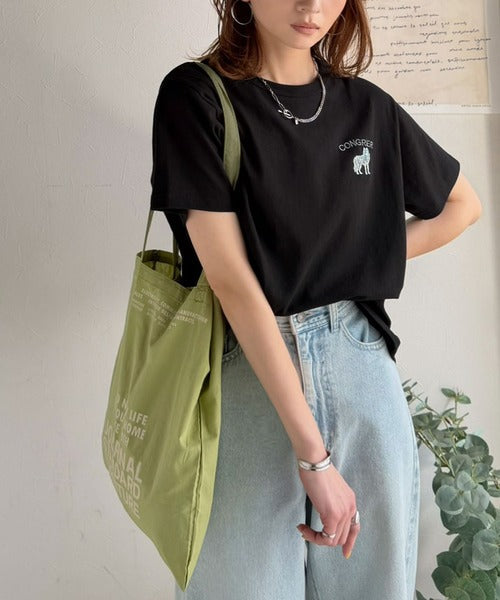 《JaVa ジャバコラボ》大人の遊び心をプラス。綿100％オオカミ刺繍Tシャツ（半袖） jv1330074