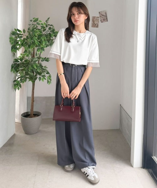 《JaVa ジャバコラボ》異素材ミックスで魅せる、大人のこなれ感。チュールドッキング配色ステッチトップス（半袖） jv1330094