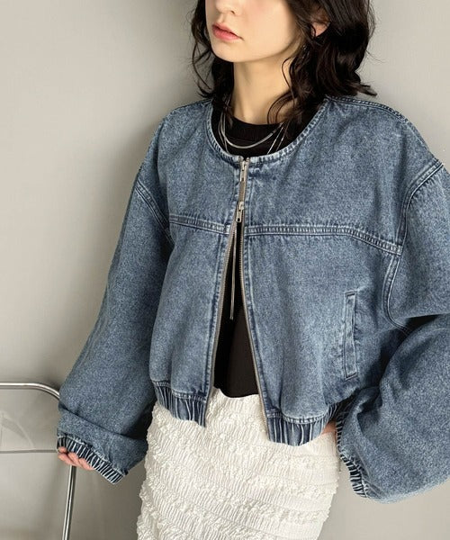 首元すっきり、大人スタイリッシュ。綿100%ダブルジップノーカラー短丈デニムジャケット(ショート丈) ce1010371