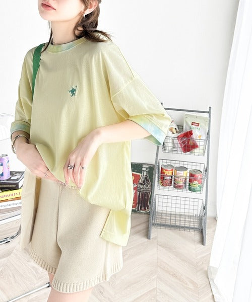 レトロでポップな大人リンガーT。胸刺繍タイダイリンガー半袖T ce1050158