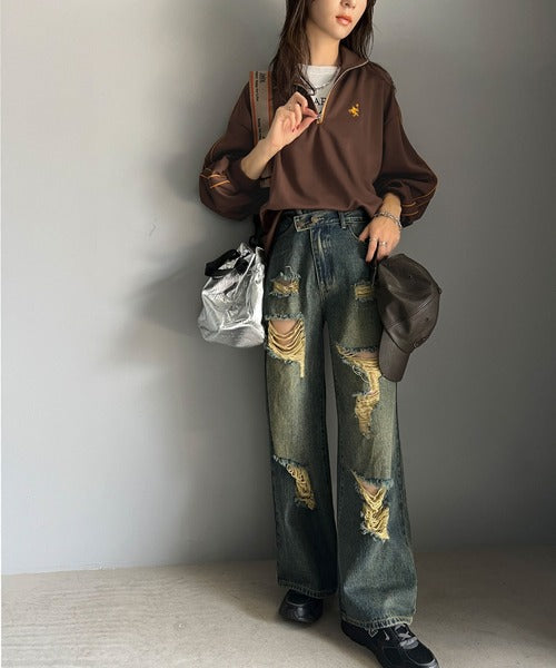 カジュアルなのに高級感！胸刺繍パイピングハーフジッププルオーバー ce1010346