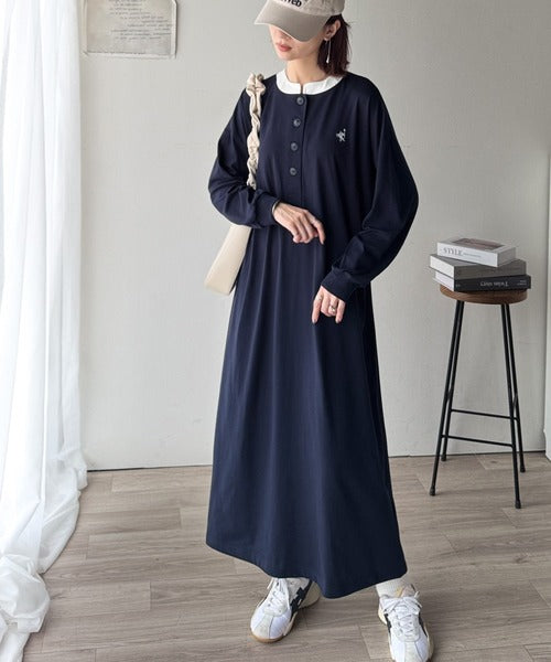 大人リラクシーで抜け感を。胸刺繍配色デザインヘンリーネックロングワンピース（長袖） ce1020323