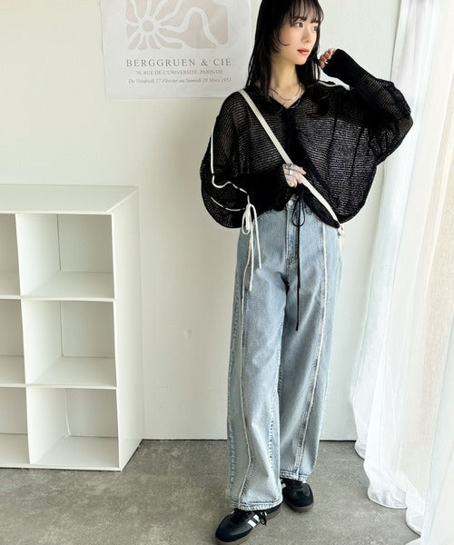 【mily bilet】ルーズな愛らしさで魅了する。透かし編みギャザー仕様リボンプルオーバー（長袖） mi1029102