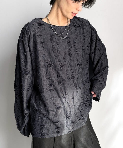 グランジを楽しむ旬スタイル。ダメージ加工ビッグシルエットジャカードカットソーTシャツ（長袖） cm1010420