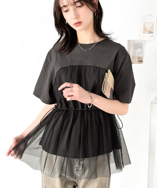 1枚で主役級！綿100%Tシャツ+チュールドッキングドロスト使いトップス(半袖） ce1260379