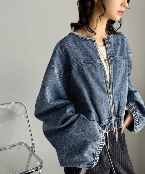 首元すっきり、大人スタイリッシュ。綿100%ダブルジップノーカラー短丈デニムジャケット(ショート丈) ce1010371
