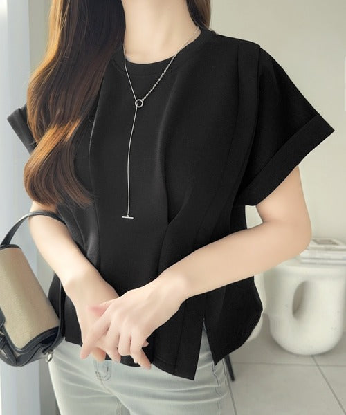 【mily bilet】ウエストラインを細魅せ♪スリット入りタックデザインカットソートップス（半袖） mi1329074