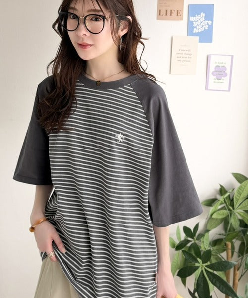 《JaVaジャバコラボ》お洒落迷子の救世主。綿100％胸刺繍ラグラン配色ボーダーTシャツ jv1260558