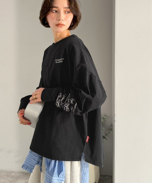 《JaVaジャバコラボ》袖を通せば、あなたも輝く。コットン100％刺繍胸元切り替えドルマンロンTEE（長袖） jv1260620