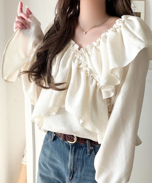 【mily bilet】大人の甘さがちょうどいい♪オフショル2wayキャンディースリーブカシュクールブラウス（長袖） mi1019127