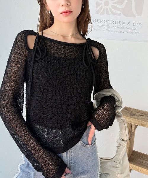 【mily bilet】大人かわいい肌見せを叶える。プレートデザイン前後2WAYメッシュ編み肩リボンニットプルオーバー（長袖） mi1259014