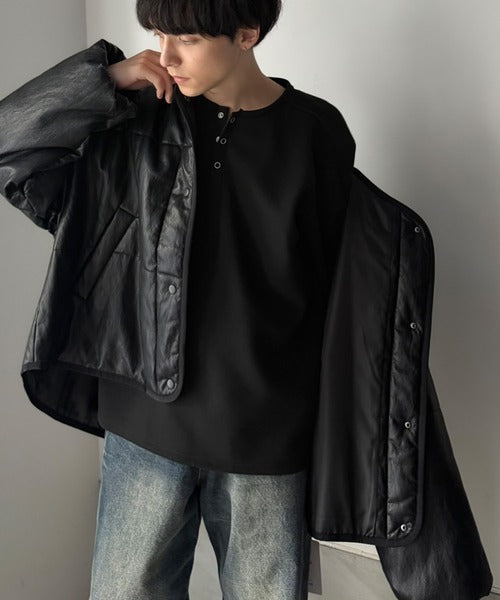 《Classical Origin》首元と袖口で魅せる、大人のゆるT。ダンボール素材ドット釦ヘンリーネックTシャツ（長袖） co1010058