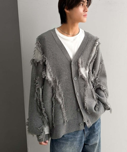 《JaVaジャバコラボ》配色×フリンジ、圧倒的存在感。配色フリンジVネックニットカーディガン jm1260632