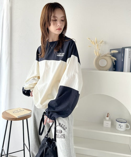 《Javaジャバコラボ》スポカジで差をつける。裾ドロストバイカラーシアープルオーバー jv1260313
