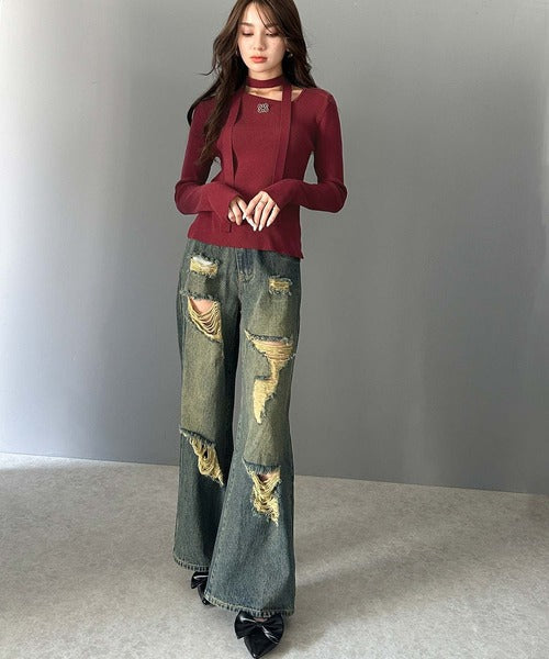 【mily bilet】女性らしさを格上げ。ブローチ付きアシメトリーネックオフショルマルチウェイチョーカー付きニットプルオーバー mi1029085