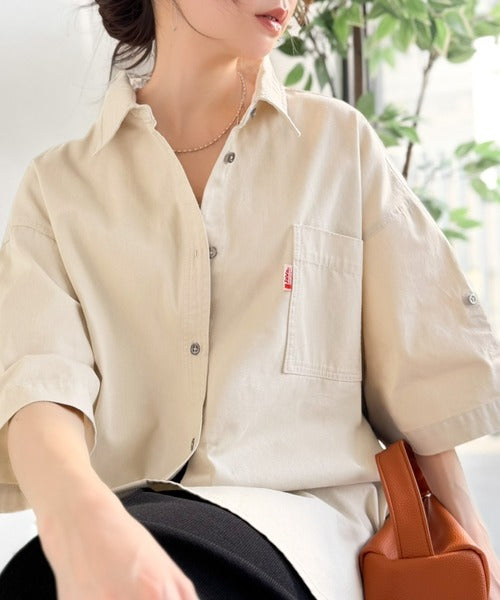 《JaVaジャバコラボ》さらっとプラス1枚の大人カジュアル♪綿100％ライトオンスデニム素材袖ロールアップシャツ（半袖） jv1265063