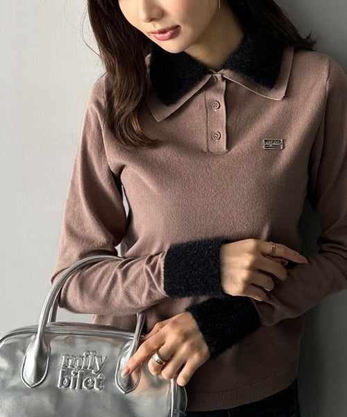 【mily bilet】上品とカジュアルを叶える、大人コーデが即完成。ファー使いダブル襟ロゴプレートニットポロ(長袖) mi1029150