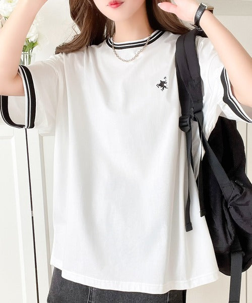 《JaVa ジャバコラボ》大人スポーティー。綿100%シルケット 配色刺繍Tシャツ jv1050074
