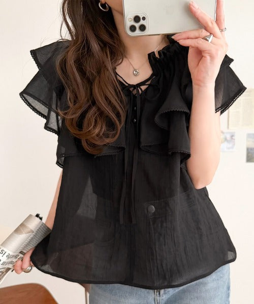 【mily bilet】マルチウェイで360度どこから見ても可愛い！ギャザーフリルリボンブラウス（半袖） mi1019132
