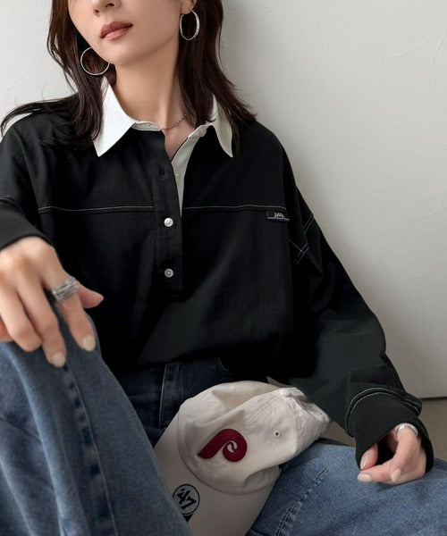 《JaVaジャバ コラボ》シンプルスタイルを格上げ。綿100%配色ステッチオーバーサイズラガーシャツ（長袖） jv1050385